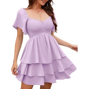 Florboom Women's Sweetheart Neckline Chiffon Dress Boho Smocked Tiered Flutter Sleeve Layered Mini Dresses