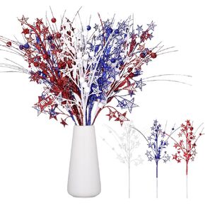 12 Pcs Artificial Patriotic Berry Stem Picks 4th of July White Blue Red Star Picks Faux Floral Berry Spray Branches Memorial Day Independence Day Home Office Vase Decoration