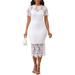 Cololura Women Elegant Floral Lace Long Sleeve Patchwork Cocktail Bodycon Evening Party Gown Dress