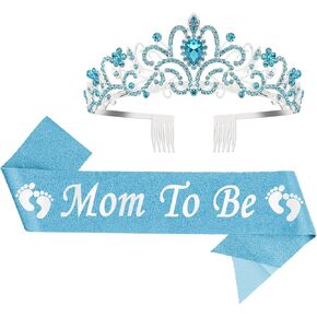 Mom to Be Baby Shower Decorations, Mommy to Be Crown and Sash Mother to Be Sash Baby Shower Boy Mommy to Be Sash and Tiara Set for Boys, mom (Blue), Glitter sash