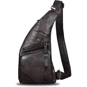 Genuine Leather Sling Bag for Men Vintage Handmade Crossbody Daypack Hiking Backpack Retro Crossbody Shoulder Bag (Brown)