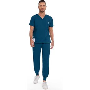 niaahinn men scrub set stretch v-neck scrub top & jogger pant مع 9 جيوب ، حزام اليوغا ، دعك مضاد للتجاعيد للرجال