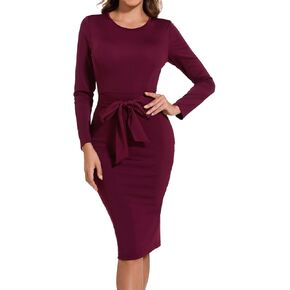 Women's Casual Round Neck Bodycon Wrap Dress Elegant Church Vintage Work Pencil Midi Dresses