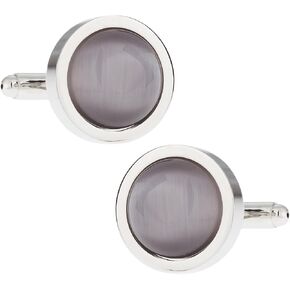 Cuff-Daddy Silver Framed Cat Eye Round Cufflinks Elegant Style Silver-Tone Mount Shiny Fiber Optic Glass with Presentation Gift Box Party Special Occasions Wedding Anniversary Suit French Cuff Shirts