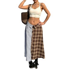 MakeMeChic Women's Y2k Striped Plaid Midi Skirt Low Waist Button Front Skirts