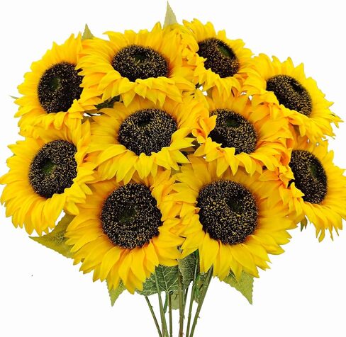 10 Pcs Sunflowers Artificial Flowers with Long Stems Silk Fake Large Sunflowers Bouquet Faux Sunflower Arrangement for Outdoor Indoor Home Vase Table Wedding Party Garden DIY Decor (Yellow) in Saudi Arabia