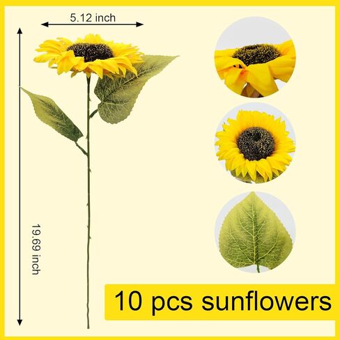 10 Pcs Sunflowers Artificial Flowers with Long Stems Silk Fake Large Sunflowers Bouquet Faux Sunflower Arrangement for Outdoor Indoor Home Vase Table Wedding Party Garden DIY Decor (Yellow) in Saudi Arabia
