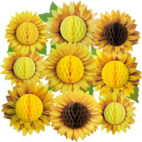 SUNBEAUTY 9 PCS 10 Inches Sunflower Honeycomb Hanging Paper Decorations Birthday Groovy Party Decorations Yellow Ceiling Wall Hanging Tissue Flowers Spring Summer Sunflower Paper Flowers Decorations in Kuwait