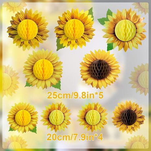 SUNBEAUTY 9 PCS 10 Inches Sunflower Honeycomb Hanging Paper Decorations Birthday Groovy Party Decorations Yellow Ceiling Wall Hanging Tissue Flowers Spring Summer Sunflower Paper Flowers Decorations in Kuwait