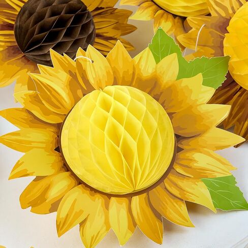 SUNBEAUTY 9 PCS 10 Inches Sunflower Honeycomb Hanging Paper Decorations Birthday Groovy Party Decorations Yellow Ceiling Wall Hanging Tissue Flowers Spring Summer Sunflower Paper Flowers Decorations in Kuwait