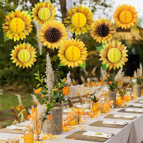 SUNBEAUTY 9 PCS 10 Inches Sunflower Honeycomb Hanging Paper Decorations Birthday Groovy Party Decorations Yellow Ceiling Wall Hanging Tissue Flowers Spring Summer Sunflower Paper Flowers Decorations in Kuwait