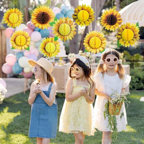 SUNBEAUTY 9 PCS 10 Inches Sunflower Honeycomb Hanging Paper Decorations Birthday Groovy Party Decorations Yellow Ceiling Wall Hanging Tissue Flowers Spring Summer Sunflower Paper Flowers Decorations in Kuwait