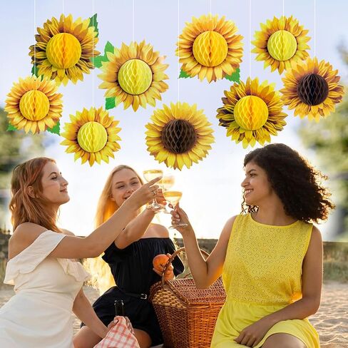 SUNBEAUTY 9 PCS 10 Inches Sunflower Honeycomb Hanging Paper Decorations Birthday Groovy Party Decorations Yellow Ceiling Wall Hanging Tissue Flowers Spring Summer Sunflower Paper Flowers Decorations in Kuwait