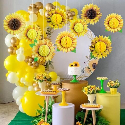 SUNBEAUTY 9 PCS 10 Inches Sunflower Honeycomb Hanging Paper Decorations Birthday Groovy Party Decorations Yellow Ceiling Wall Hanging Tissue Flowers Spring Summer Sunflower Paper Flowers Decorations in Kuwait