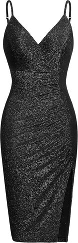 oten Women's Sexy Sparkle Dresses V Neck Spaghetti Straps Ruched Slit Bodycon Cocktail Party Midi Dress in Kuwait