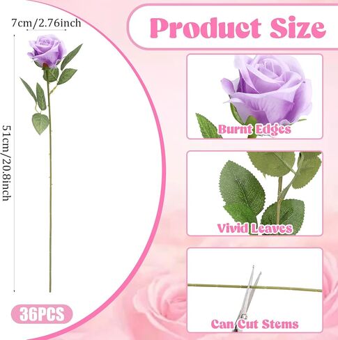 36 PCS Silk Purple Rose Bouquet الزفاف الزفاف الزفاف ، ووردة مزيفة طويلة الجذعية ، واقعية الاصطناعية ، معظمها in Kuwait
