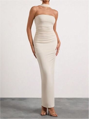 Milumia Women's Halter Neck Ruched Strapless Sleeveless Tube Bodycon Maxi Dresses in Saudi Arabia