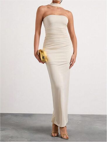 Milumia Women's Halter Neck Ruched Strapless Sleeveless Tube Bodycon Maxi Dresses in Saudi Arabia