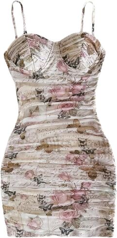 Verdusa Women's Floral Ruched Bodycon Mini Dress Spaghetti Strap Vacation Dress in Saudi Arabia