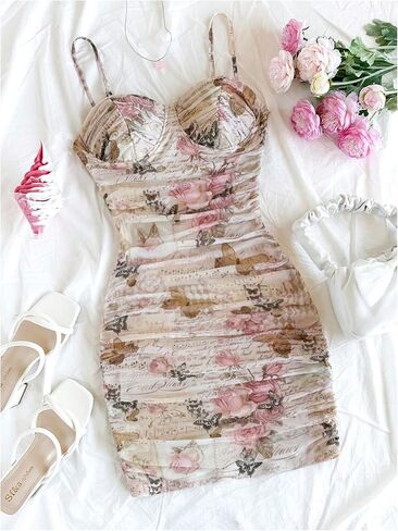 Verdusa Women's Floral Ruched Bodycon Mini Dress Spaghetti Strap Vacation Dress in Saudi Arabia