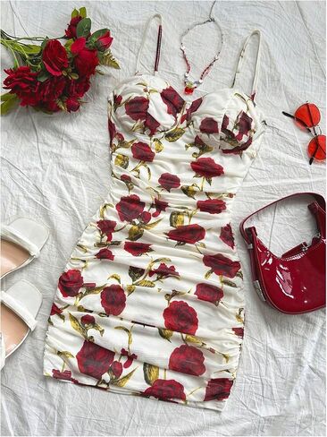 Verdusa Women's Floral Ruched Bodycon Mini Dress Spaghetti Strap Vacation Dress in Saudi Arabia