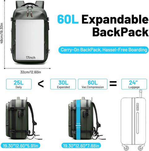 Vacpack, Vacuum Backpack, Carry On Airback Backpack, 60L Expandable Travel Airbag with Vacuum Seal Compression, Water Resistant, TSA Anti-Theft (Electric Air Pump Included) in Saudi Arabia