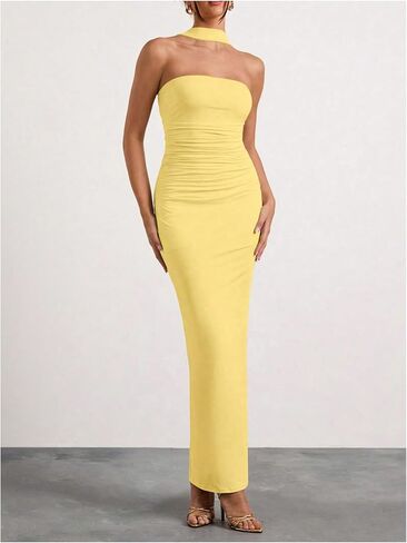Milumia Women's Halter Neck Ruched Strapless Sleeveless Tube Bodycon Maxi Dresses in Saudi Arabia