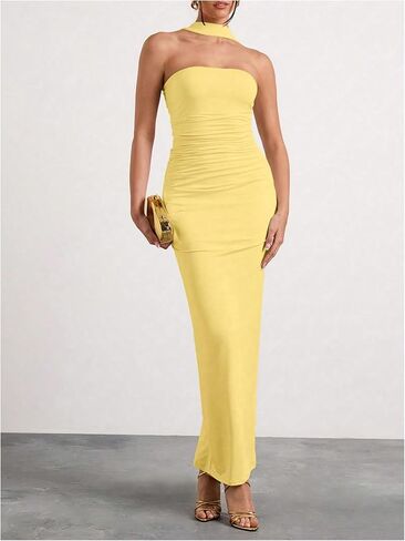 Milumia Women's Halter Neck Ruched Strapless Sleeveless Tube Bodycon Maxi Dresses in Saudi Arabia