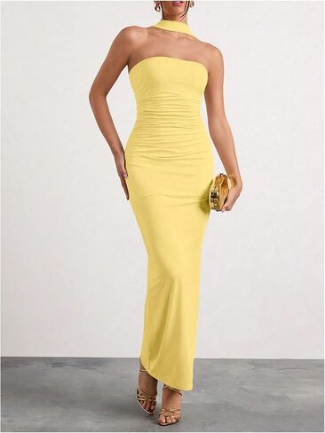 Milumia Women's Halter Neck Ruched Strapless Sleeveless Tube Bodycon Maxi Dresses in Saudi Arabia