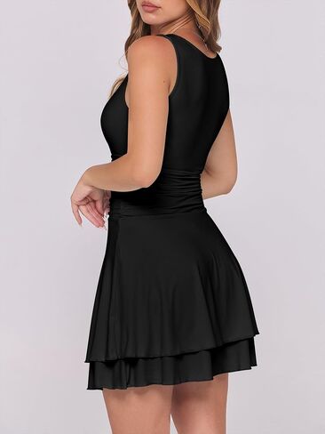 Caracilia Womens Square Neck Party Dress Ruffle Hem Ruched Waist Short Cocktail Mini Dresses in Saudi Arabia