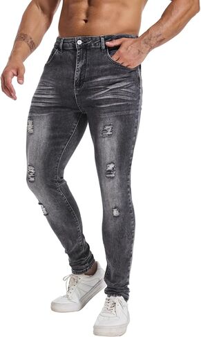 الجينز الضيق Lzler Mensy Slim Fit Jeans ساق مدببة الساق ممزق الخصر مرنة جان جينز سراويل in Kuwait