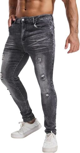 الجينز الضيق Lzler Mensy Slim Fit Jeans ساق مدببة الساق ممزق الخصر مرنة جان جينز سراويل in Kuwait