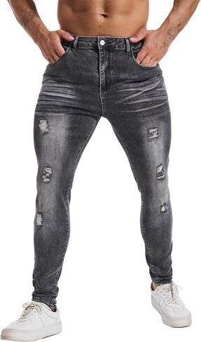 الجينز الضيق Lzler Mensy Slim Fit Jeans ساق مدببة الساق ممزق الخصر مرنة جان جينز سراويل in Kuwait