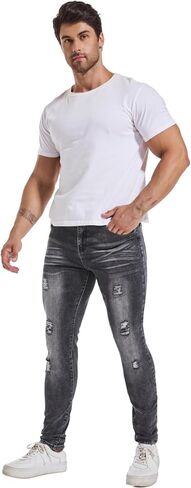 الجينز الضيق Lzler Mensy Slim Fit Jeans ساق مدببة الساق ممزق الخصر مرنة جان جينز سراويل in Kuwait