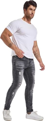 الجينز الضيق Lzler Mensy Slim Fit Jeans ساق مدببة الساق ممزق الخصر مرنة جان جينز سراويل in Kuwait