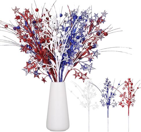12 Pcs Artificial Patriotic Berry Stem Picks 4th of July White Blue Red Star Picks Faux Floral Berry Spray Branches Memorial Day Independence Day Home Office Vase Decoration in Saudi Arabia