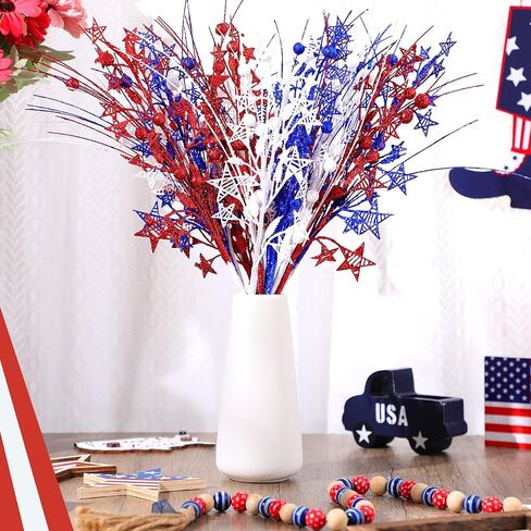 12 Pcs Artificial Patriotic Berry Stem Picks 4th of July White Blue Red Star Picks Faux Floral Berry Spray Branches Memorial Day Independence Day Home Office Vase Decoration in Saudi Arabia
