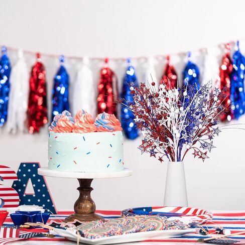 12 Pcs Artificial Patriotic Berry Stem Picks 4th of July White Blue Red Star Picks Faux Floral Berry Spray Branches Memorial Day Independence Day Home Office Vase Decoration in Saudi Arabia