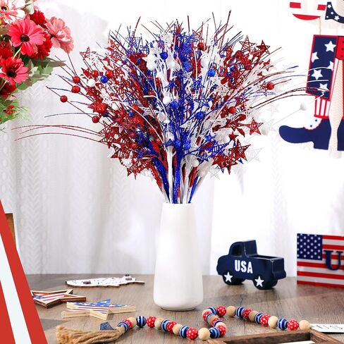 12 Pcs Artificial Patriotic Berry Stem Picks 4th of July White Blue Red Star Picks Faux Floral Berry Spray Branches Memorial Day Independence Day Home Office Vase Decoration in Saudi Arabia