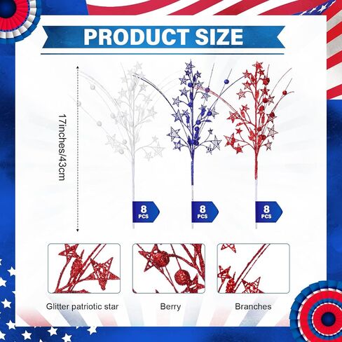 12 Pcs Artificial Patriotic Berry Stem Picks 4th of July White Blue Red Star Picks Faux Floral Berry Spray Branches Memorial Day Independence Day Home Office Vase Decoration in Saudi Arabia