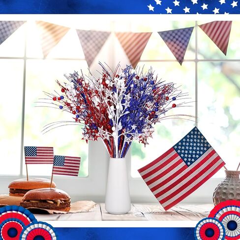 12 Pcs Artificial Patriotic Berry Stem Picks 4th of July White Blue Red Star Picks Faux Floral Berry Spray Branches Memorial Day Independence Day Home Office Vase Decoration in Saudi Arabia
