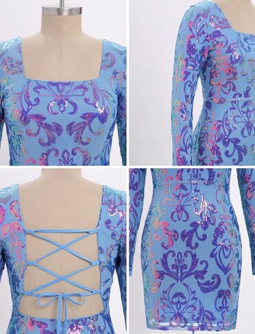ODIZLI Women's Long Sleeve Sparkly Sequins Bodycon Mini Dress Party Nightclub Dresses Crisscross Straps Tie Back in Saudi Arabia
