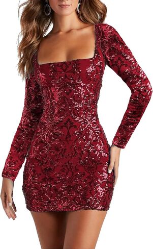 ODIZLI Women's Long Sleeve Sparkly Sequins Bodycon Mini Dress Party Nightclub Dresses Crisscross Straps Tie Back in Saudi Arabia