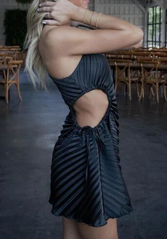 Womens Sexy One Shoulder Satin Dress Cutout Asymmetrical Pleated Dress Cocktail Birthday Wedding Guest Dresses in Saudi Arabia