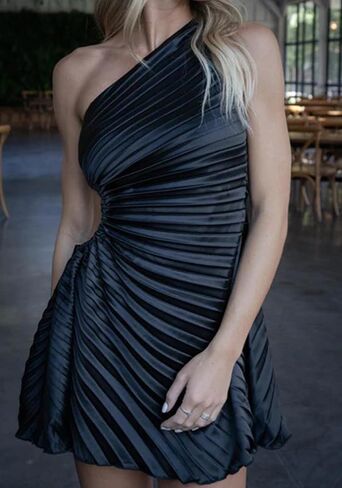 Womens Sexy One Shoulder Satin Dress Cutout Asymmetrical Pleated Dress Cocktail Birthday Wedding Guest Dresses in Saudi Arabia