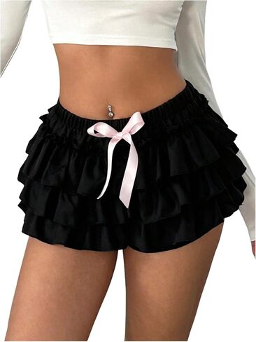 GORGLITTER Women's Bow Ruffle Bloomer Shorts Y2k Layered Sexy Cute Coquette Mini Shorts in Saudi Arabia