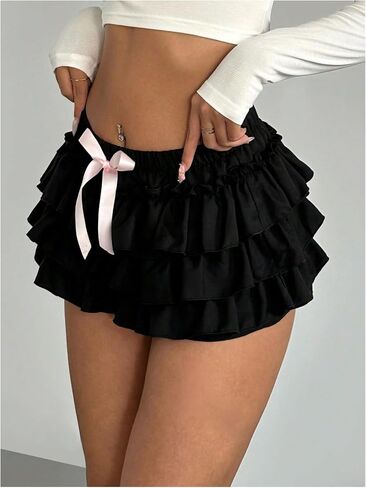 GORGLITTER Women's Bow Ruffle Bloomer Shorts Y2k Layered Sexy Cute Coquette Mini Shorts in Saudi Arabia