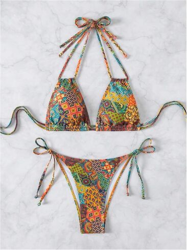 SHENHE Women's 2 Piece Swimsuits Halter Tie Side Patchwork Bikini Set Boho Bathing Suit in Saudi Arabia
