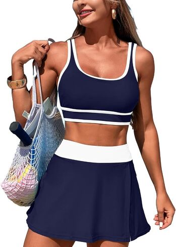 Fanuerg Women's High Waisted Bikini Sets Sporty Color Block Tummy Control Swimsuit Swim Skirt Two Piece Bathing Suit in Saudi Arabia