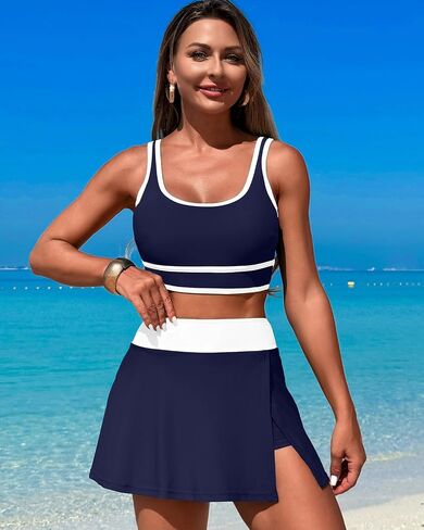 Fanuerg Women's High Waisted Bikini Sets Sporty Color Block Tummy Control Swimsuit Swim Skirt Two Piece Bathing Suit in Saudi Arabia